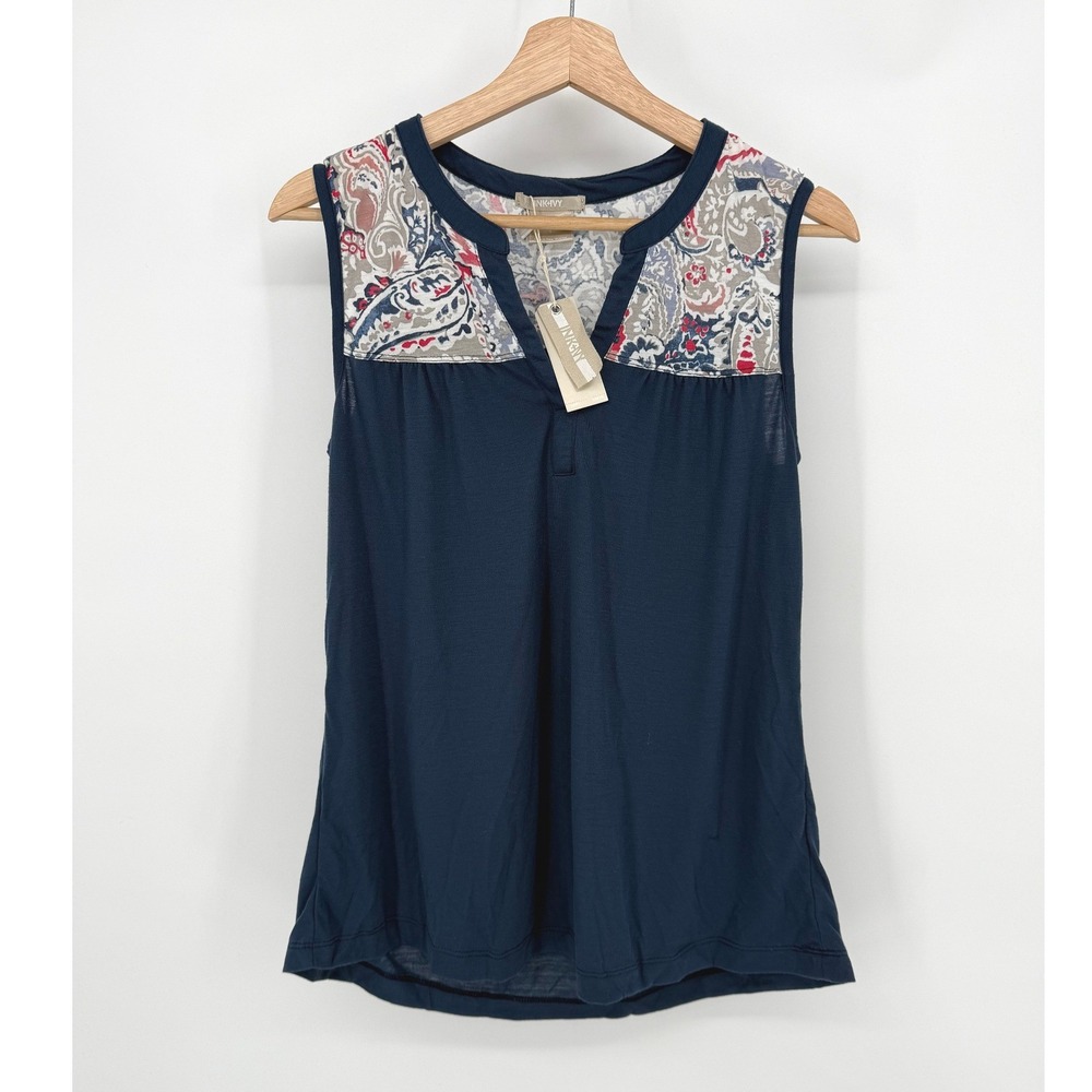 INK IVY Women's Navy Blue Paisley Trim Sleeveless V Neck Sleepwear Top Size L